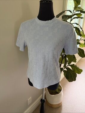 JASPAL J LOGO LIGHT BLUE PURPLE TEXTURED SHORT SLEEVE TOP NWT